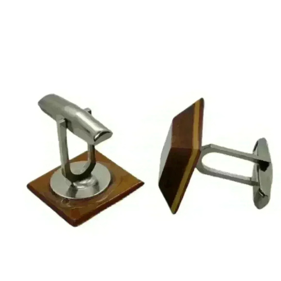 Vintage Wood Cufflinks Cuff Links Mid Century Hand Made Wooden Carved Mod 1950 - Picture 2 of 6